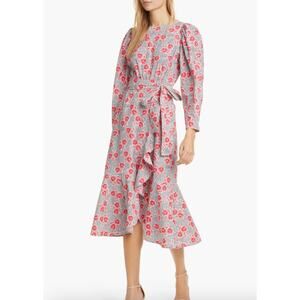 Rebecca Taylor Coral Fleur Long Sleeve Cotton Midi Dress Size 2